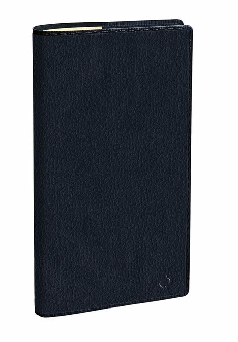 Schwarzes, lederartiges, geschlossenes Buch mit Prägung eines kleinen Emboss-Logos unten rechts.