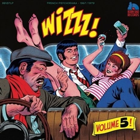 "WIZZZ! Volume 5" in stilisierter Schrift. Illustration eines Mannes und einer Frau, die in einem Auto feiern.