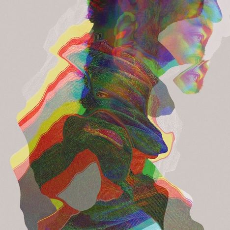 Ein farbenfrohes, abstraktes Porträt, das ein Gesicht in mehrfach übereinanderliegenden, bunten Ebenen zeigt.