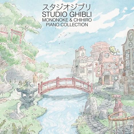 „Studio Ghibli Mononoke & Chihiro Piano Collection“. Gezeichnete Landschaft mit Brücke, Fluss und traditionellen Gebäuden.