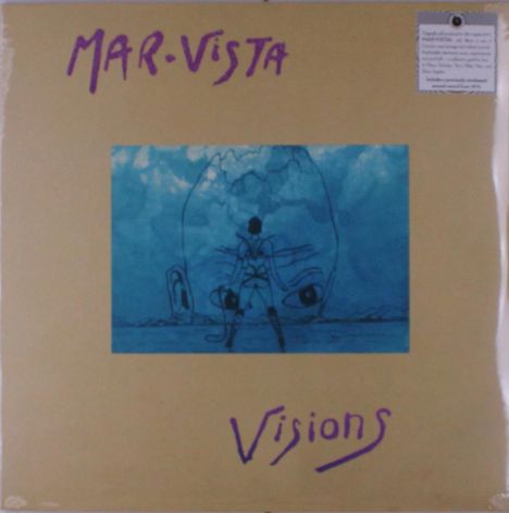 "MAR VISTA" oben, "Visions" unten in lila. Mittig Gemälde: Figur vor großem, blauen Gesicht mit Wolken im Hintergrund.