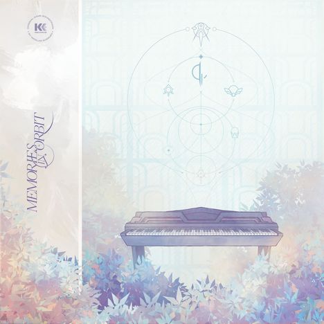 Text: "MEMORIES IN ORBIT". Illustration eines Klaviers umgeben von bunten Pflanzen und geometrischen Symbolen.