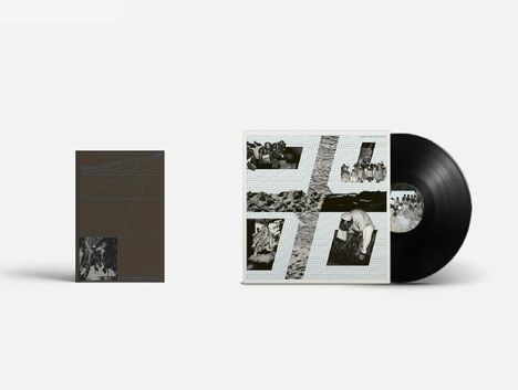 Kleine Texte auf braunem Hintergrund, Vinyl-Cover zeigt Schwarz-Weiß-Fotos von Menschen bei der Arbeit, Vinyl sichtbar.