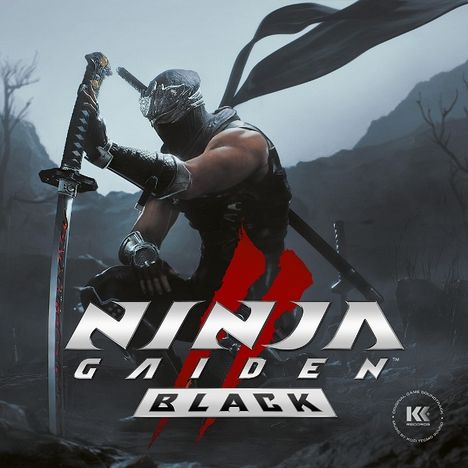 "NINJA GAIDEN BLACK" in großen Buchstaben. Ein Ninja kniet mit einem Schwert in einer düsteren, nebligen Landschaft.