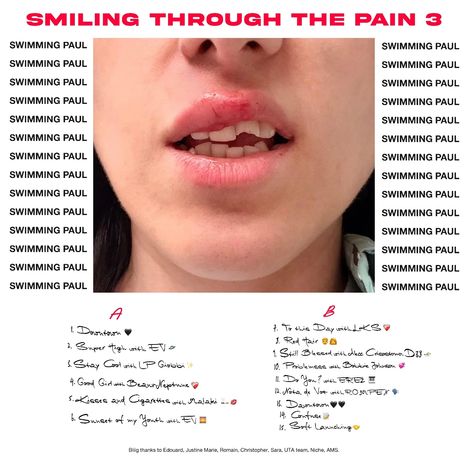 "SMILING THROUGH THE PAIN 3", "SWIMMING PAUL" vielfach wiederholt, Playlist A und B, Mund mit verletzter Lippe.
