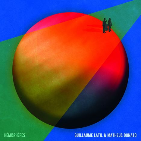 "Hémisphères", Namen: Guillaume Latil & Matheus Donato. Bunte Kreise und Schatten von zwei Personen auf farbigem Hintergrund.