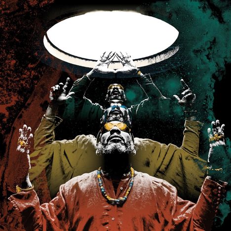 Keine sichtbaren Texte. Eine Illustration von drei Personen, die nach oben blicken. Farben: Rot, Grün, Braun.