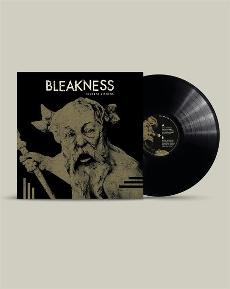 „BLEAKNESS: BLURRED VISIONS“ in Weiß, darunter Illustration eines alten Mannes mit Stock. Vinyl-Schallplatte daneben.