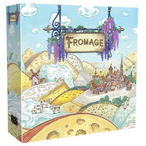 "FROMAGE" steht auf einem Schild. Illustration einer Landschaft mit Käsehügeln, einer Windmühle und einer Stadt.