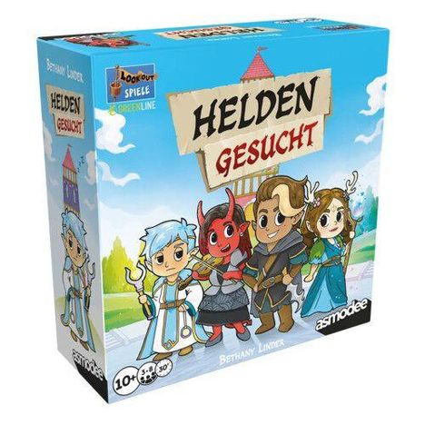„HELDEN GESUCHT“ in schwarzer und roter Schrift. 
Illustration von vier fantasievoll gekleideten Charakteren.