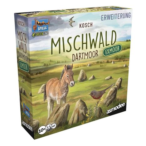 "Mischwald Dartmoor Exmoor", Erweiterung. Illustration: Pony und Vogel in hügeliger Landschaft. Markenlogos vorhanden.