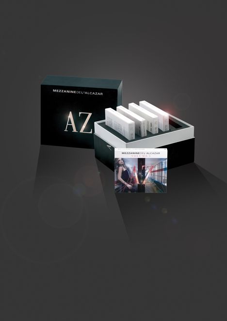 "MEZZANINE DE L'ALCAZAR" und "AZ" auf schwarzer Verpackung. Enthält CDs, sichtbar in einer offenen Box. Design modern, dunkel.