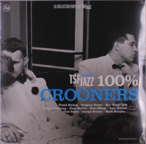 "TSF Jazz 100% Crooners" steht in großen Buchstaben. Namen wie Frank Sinatra und Gregory Porter sind darunter aufgelistet. Zwei Männer in Anzügen.