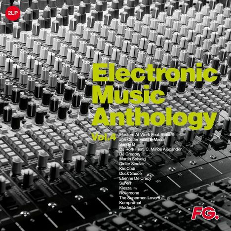 Text: "Electronic Music Anthology Vol.4". Graues Mischpult im Hintergrund, links oben roter Kreis mit "2LP". Unten rechts "FG."