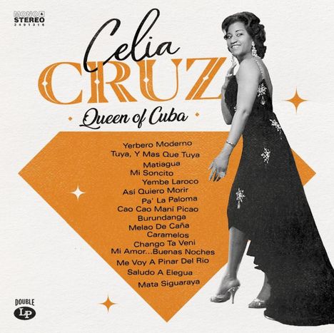 "Celia Cruz, Queen of Cuba" in stilvoller Schrift. Liste von Liedern. Frau in elegantem Kleid lächelnd. Retro-Stil.