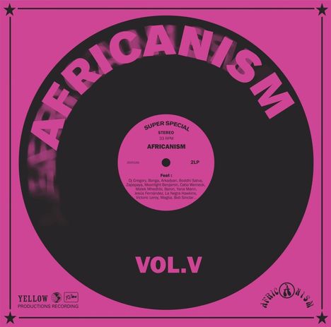 Text: "AFRICANISM VOL.V" und "SUPER SPECIAL STEREO 33 RPM". Design in Schwarz und Pink mit retro Schallplattenmotiv.