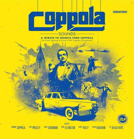 "Coppola Sounds: A Tribute to Francis Ford Coppola" steht groß oben, darunter ein Gelb-Blaues Design mit Auto und menschlichen Figuren.