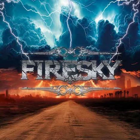 "FIRESKY" in großer Schrift. Darunter ein dramatischer Himmel mit Blitzen über einer Wüstenstraße.