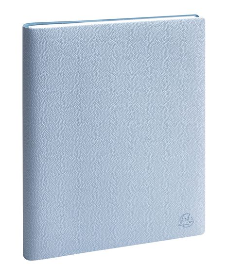 Hellblaues Notizbuch mit genarbter Oberfläche, kleines Emblem unten rechts.