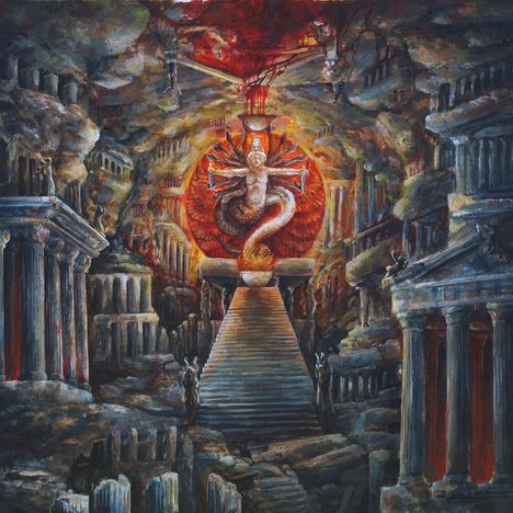 Eine rote Schlangenfigur mit menschlichem Oberkörper und mehreren Armen thront über einer steinernen Treppe in Ruinen.