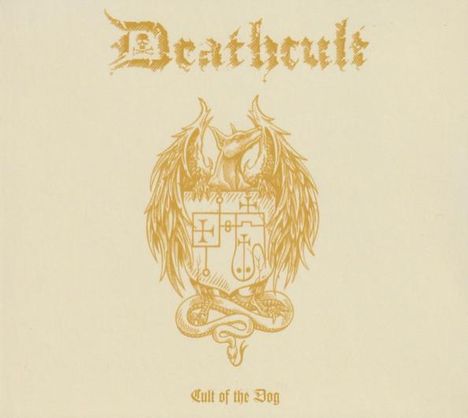 „Deathcult“ steht oben, „Cult of the Dog“ unten. Zwischendrin ein kunstvolles Wappen mit Drache und Schlange.