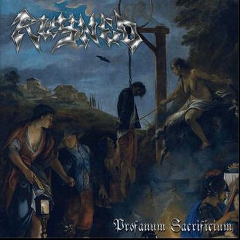 Oben ein stilisiertes Logo mit dem Text "Profanum Sacrificium". Dunkle, stimmungsvolle Szene mit mehreren Figuren.