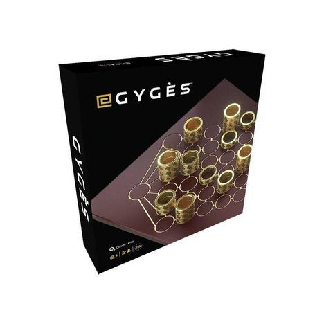"Gygès"-Schriftzug auf einer schwarzen Verpackung mit schachbrettartigem Muster und goldenen Spielfiguren.