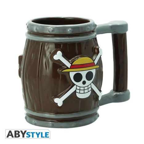 Ein "ABYSTYLE" Logo, ein braun-grauer Krug mit Piratenemblem: Totenkopf mit Strohhut.