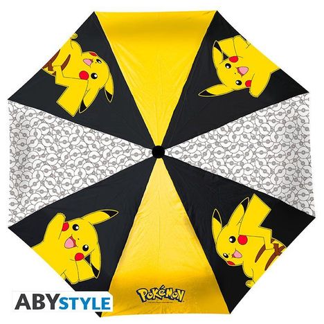 Ein Regenschirm mit abwechselnd gelben und schwarzen Segmenten. Pikachu-Illustrationen und das "POKÉMON"-Logo sind sichtbar.
