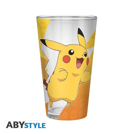 ABYstyle Logo. Ein Glas mit einer fröhlichen, gelben Zeichentrickfigur mit roten Wangen und spitzen Ohren auf orangenem Hintergrund.