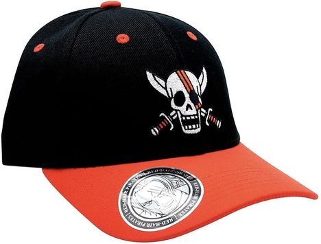 Baseballkappe mit schwarzer Krone, rotem Schirm, weißem Totenkopf mit zwei Schwertern und einem roten Streifen.