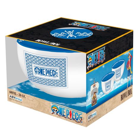 "ONE PIECE" und "600 ML - 20 OZ". Weiße Schüssel mit blauem Muster, Piraten-Logo, Illustration mit Schiff und Figur.