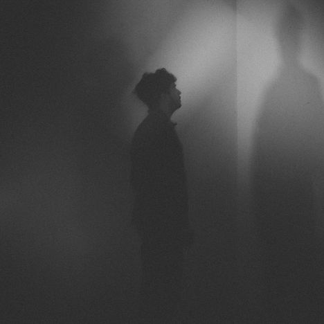 Ein Mann im Profil blickt auf seinen Schatten an einer Wand, das Bild wirkt dunkel und geheimnisvoll.