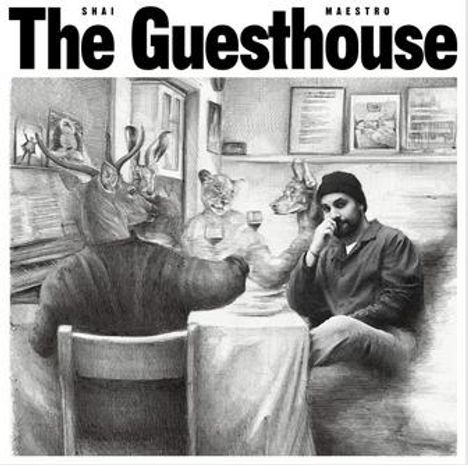 "The Guesthouse" steht groß oben. Eine Zeichnung zeigt eine Bar: Ein Mann sitzt mit zwei tierköpfigen Wesen an einem Tisch.