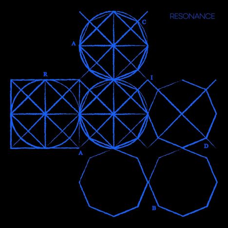 Text: "RESONANCE" und Buchstaben A, B, C, D, I, R.  
Illustration: Blaue geometrische Formen auf schwarzem Hintergrund.