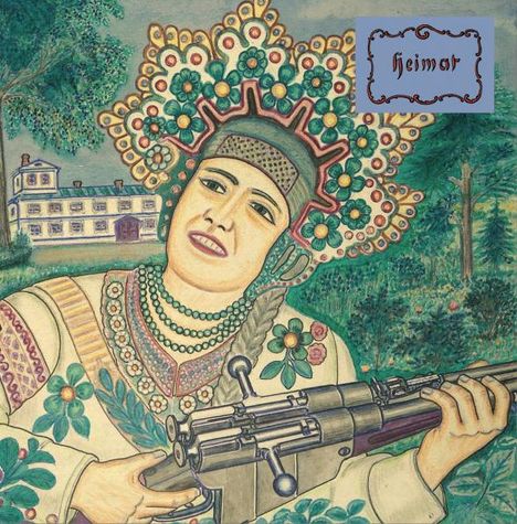 Text: „heimat“. Eine Frau in traditioneller Kleidung hält ein Gewehr, mit Blumenkranz. Im Hintergrund ein Haus und Bäume.