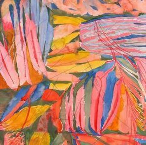 Bunte, abstrakte Illustration mit lebhaften Streifen und Formen in Rosa, Gelb und Blau.