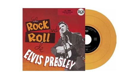 „El Rock and Roll de Elvis Presley“ steht in großen Buchstaben. Links ein Schwarz-Weiß-Foto von Elvis mit Gitarre. Rechts eine gelbe Schallplatte.