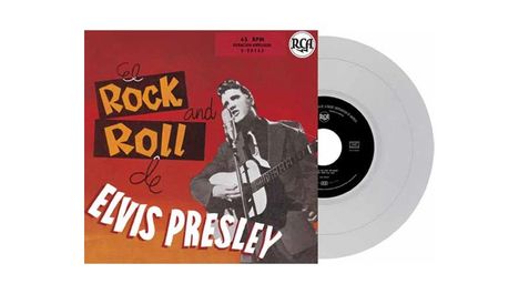 "El Rock and Roll de Elvis Presley." Illustration eines Musikers mit Gitarre vor rotem Hintergrund. Schallplatte sichtbar.