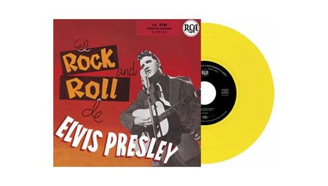 Text: "El Rock and Roll de Elvis Presley". Illustration eines Musikers mit Gitarre auf rotem Hintergrund, daneben eine gelbe Schallplatte.