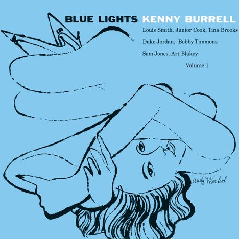 "BLUE LIGHTS KENNY BURRELL Volume 1" gefolgt von Namen. Illustration einer liegenden Person in Schwarz auf Blau.