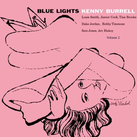 "BLUE LIGHTS KENNY BURRELL" in schwarzer Schrift auf rosa Hintergrund, Illustration einer liegenden Frau.