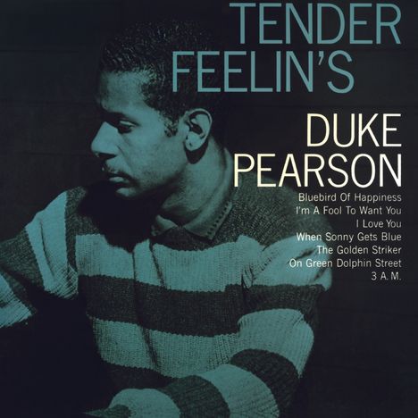 "Tender Feelin's, Duke Pearson: Bluebird Of Happiness, I'm A Fool To Want You. Seitliches Porträt von Duke Pearson in gestreiftem Pullover."