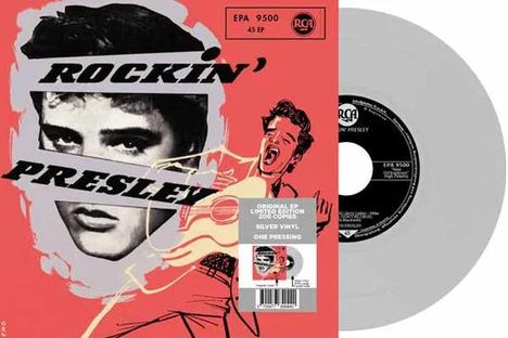 "ROCKIN' PRESLEY", EPA 9500, 45 EP. Illustration eines Sängers mit Gitarre, silberne Vinyl-Schallplatte.
