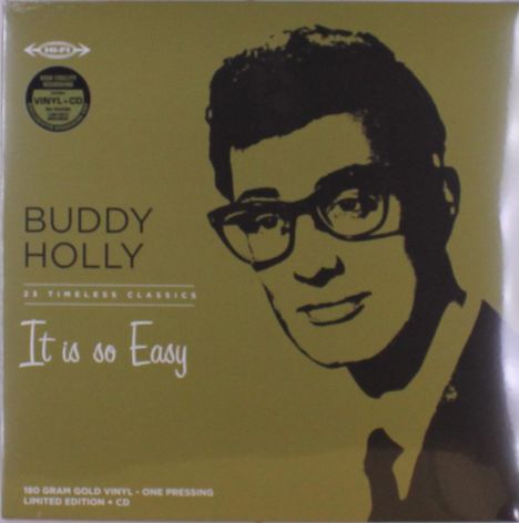 "Buddy Holly, 28 Timeless Classics, It is so Easy. Illustration eines Mannes mit Brille auf olivgrünem Hintergrund."