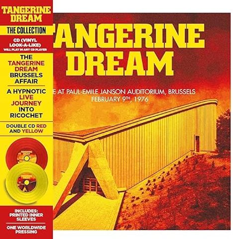 Texte: "Tangerine Dream", "The Brussels Affair", "February 9th, 1976". Gebäude vor rotem Himmel.