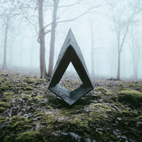 Eine moderne Skulptur mit dreieckiger Öffnung steht in nebligem Wald auf moosbedecktem Boden.