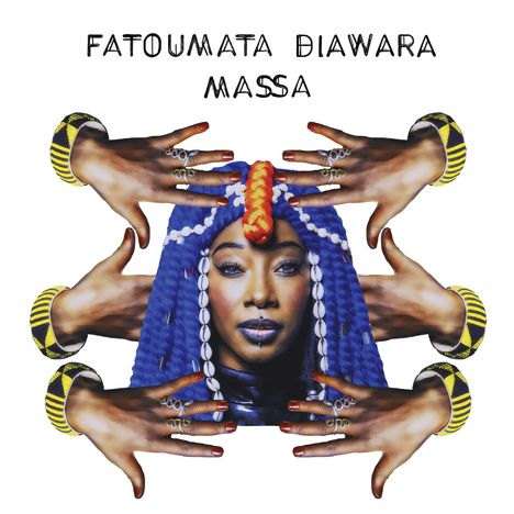"FATOUMATA DIAWARA, MASA" in stilisierter Schrift. Eine Frau mit blauem Haar wird von Händen mit Schmuck umrahmt.
