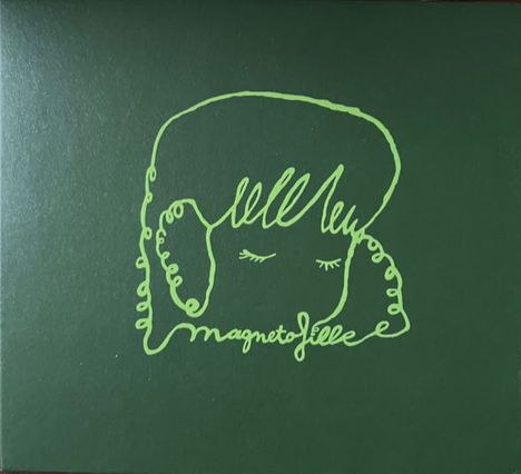 Text: "magnetofelle". Eine grüne, stilisierte Zeichnung eines Gesichts mit geschlossenen Augen und großen, lockigen Haaren.