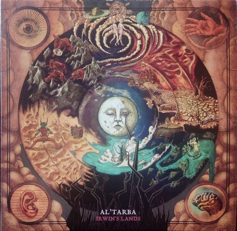 „Al’Tarba – Irwin’s Lands“ steht unten. Kreisförmige, surrealistische Landschaft mit Mondgesicht in der Mitte.